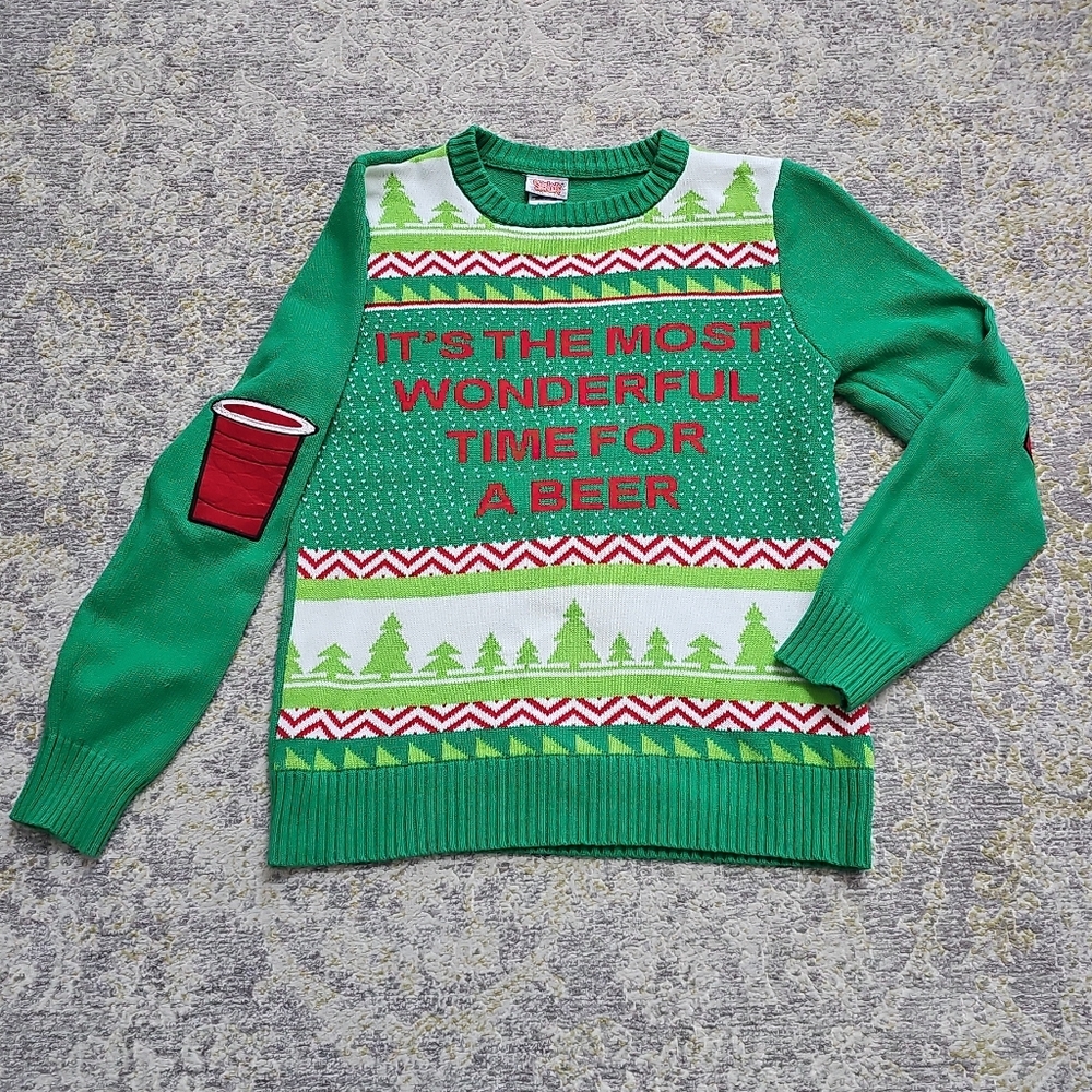 Spencer's Holiday Sweater Ugly Christmast Medium Top Beer Pong Drinking Festive